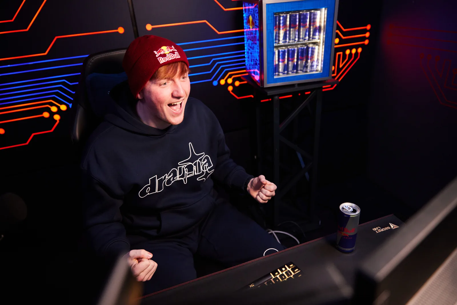 A competitor mid-match at a Red Bull gaming setup